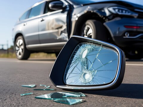 Closeup view of a shattered car side mirror lying on the asphalt after a collision incident