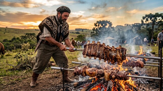 Gaucho man cooking traditional Asado barbecue meat over an open fire at sunset in a rural landscape with horses and tents