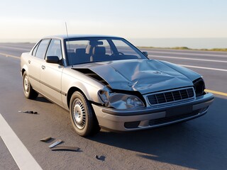 Fototapeta premium Damaged silver sedan car with a crumpled hood resting on a highway road after an accident