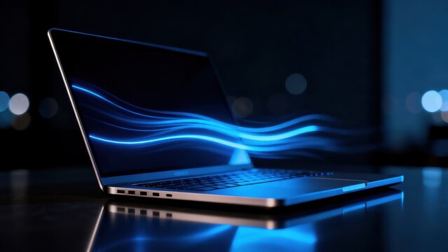Open laptop with blue light waves on screen