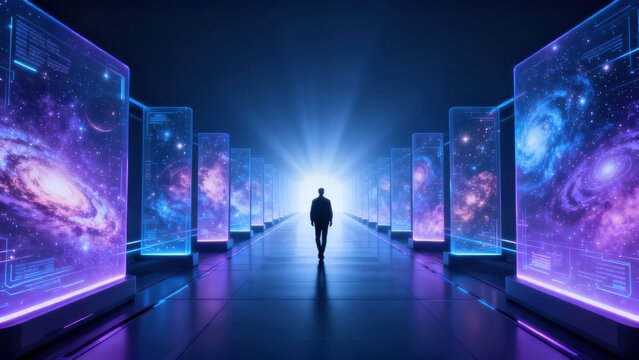 Person walking in corridor with galaxy displays