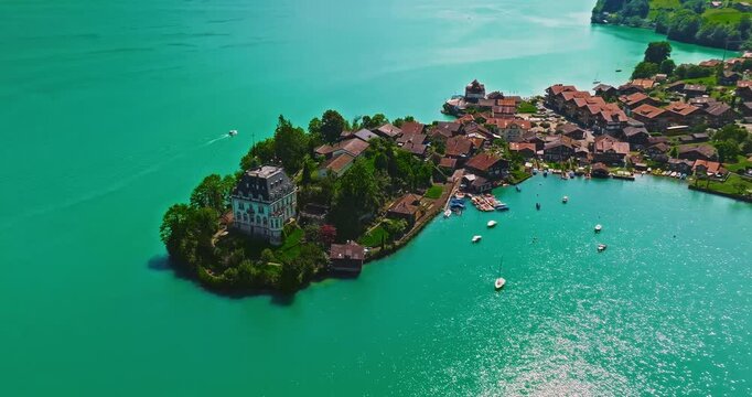 Aerial view of Iseltwald on Interlaken lake in Switzerland. Beautiful Swiss nature