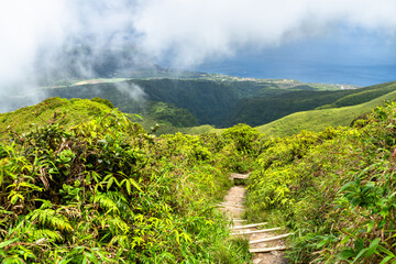 Fototapeta premium Scenic view of the Aileron hiking trail on Mount Pelee volcano with lush green slopes and ocean under clouds in Martinique, Caribbean France