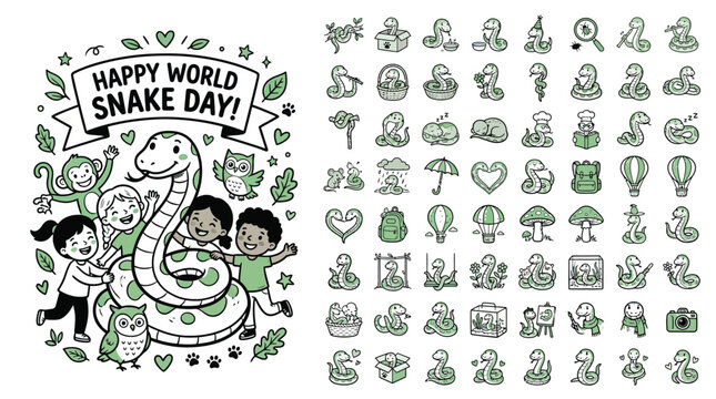 Happy World Snake Day illustration with cute children and animals, collection of 64 snake icons and doodle elements, green and white vector set