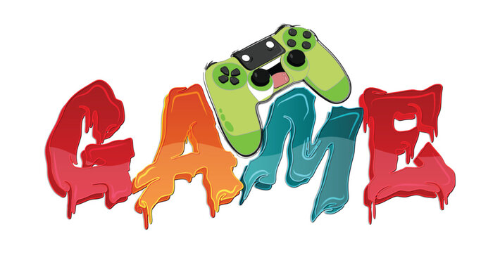 Gaming controller with colorful slime game text vector illustration