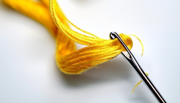 a vibrant yellow thread is carefully guided through the eye of a shiny silver sewing needle available in white background
