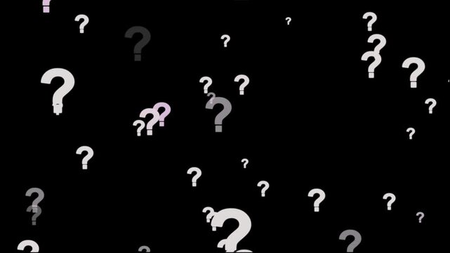 Animation of a lot of white question mark moving on black screen background motion graphic effects. Question mark in motion pattern animation.Question mark sign animation. White question marks falling