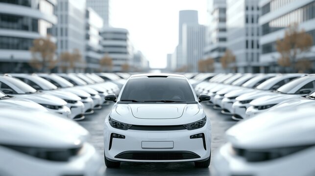 Close medium angle highlighting the clean design of a single electric car in a shared mobility lot surrounded by a symmetrically blurred fleet and modern district architecture.