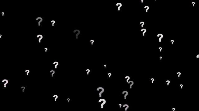 Animation of a lot of white question mark moving on black screen background motion graphic effects. Question mark in motion pattern animation.Question mark sign animation. White question marks falling