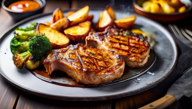 juicy pork chops sizzling on a grill topped with a flavorful glaze and served with a side of fresh vegetables and crispy potato wedges