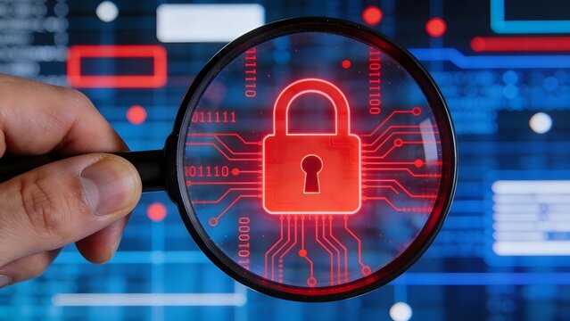 A magnifying glass shows a red lock on a circuit board with binary code in the background for cybersecurity and data protection concepts