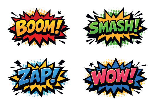 Pop art comic style dynamic speech bubbles and sound effects, featuring boom, smash, zap, and wow exclamations