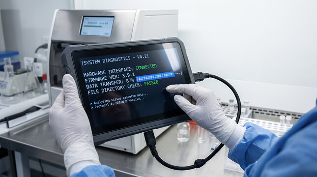 Biomedical specialist runs firmware diagnostic on rugged tablet connected via data cable to automated tissue processor. Firmware installation progress. Repair equipment. Diagnostic system. Copy-space.