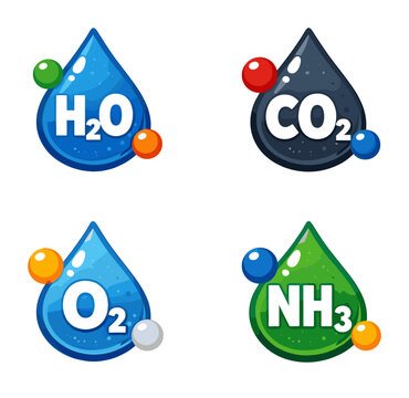Illustrating chemical compounds in colorful liquid drops, an elementary science concept for education and research