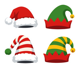Fototapeta premium Holiday hats collection showing Christmas, Santa Claus, and elf hat designs in red, green, and white colors with bells