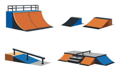 Naklejka premium Skate park elements set providing obstacles for extreme sports. Featuring a selection of ramps, rails, and quarter pipes