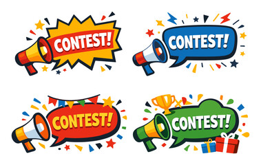 Fototapeta premium Megaphones projecting contest messages in colorful speech bubbles, celebrating promotions with confetti, trophies, gifts, and banners