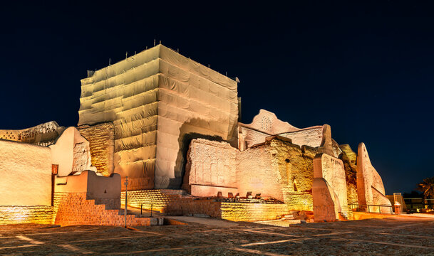 Night view of Salwa Palace at the historic At Turaif district in Diriyah Saudi Arabia under restoration with illumination