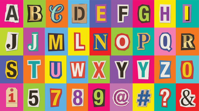 Ransom note style magazine cutout letters isolated on colorful background for collage and artistic typography.