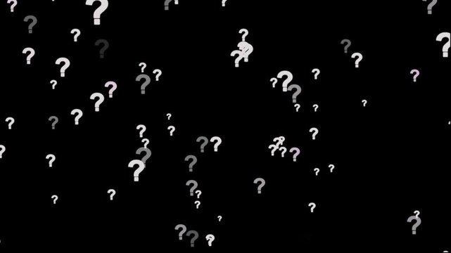 Animation of a lot of white question mark moving on black screen background motion graphic effects. Question mark in motion pattern animation.Question mark sign animation. White question marks falling