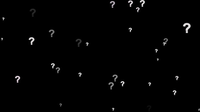 Animation of a lot of white question mark moving on black screen background motion graphic effects. Question mark in motion pattern animation.Question mark sign animation. White question marks falling