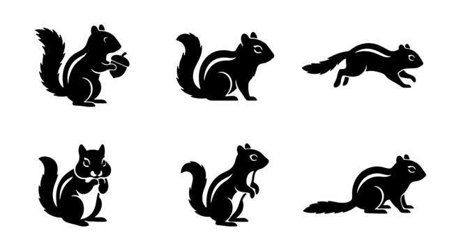 Chipmunk Silhouettes: Six Vector Icons of Rodents in Various Poses, Wildlife Graphics for Nature and Forest Themes