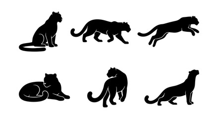 Black Panther Silhouettes Set, Wild Cat Vector Icons, Big Cat Poses Collection, Elegant Feline Graphic Elements © Sakil