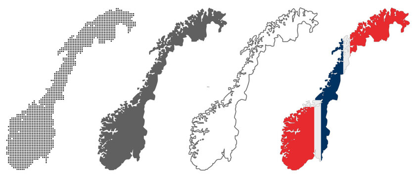 Norway country map vector set with dotted pattern solid silhouette outline and national flag illustration