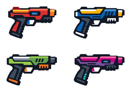Toy blasters illustrating concept of laser weapon in a game, science fiction, and space