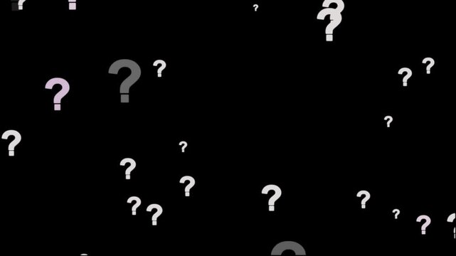 Animation of a lot of white question mark moving on black screen background motion graphic effects. Question mark in motion pattern animation.Question mark sign animation. White question marks falling