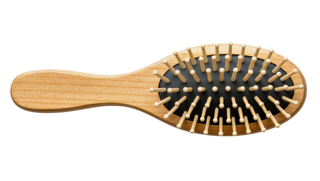 Oval wooden hairbrush with black cushion and natural wood bristles, isolated on transparent background