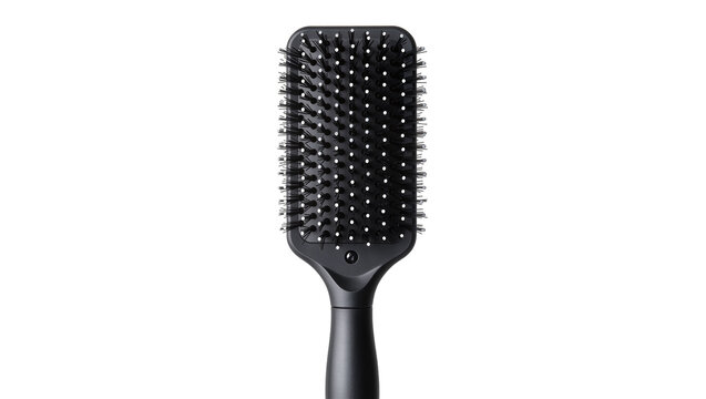 Black paddle hairbrush with many bristles, isolated on transparent background