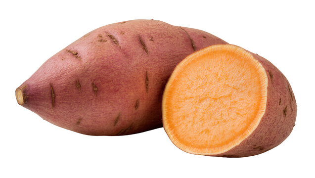 Whole and halved sweet potato with vibrant orange flesh, isolated on transparent background