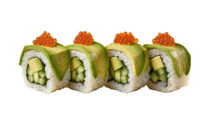 Four avocado sushi rolls with cucumber and salmon roe, isolated on transparent background © TONSTOCK