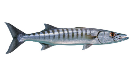 Obraz premium Great Barracuda fish with sharp teeth and silver scales, isolated on transparent background