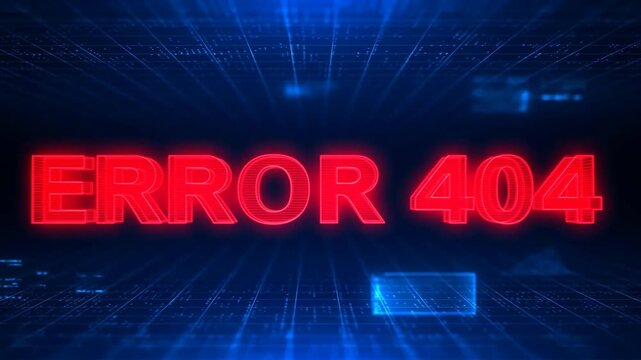 Slow zoom forward of error 404 neon text pulsing over digital grid network interface in dark holographic cyber background