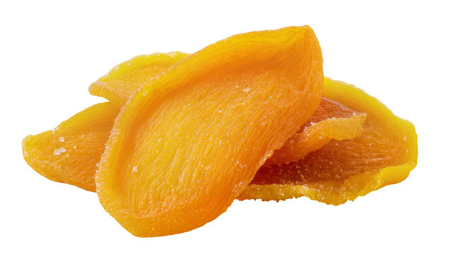 Golden dried mango slices with sugar crystals, isolated on transparent background