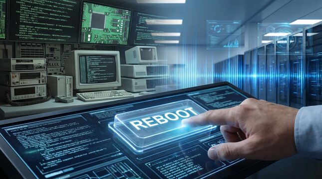Hand presses glowing reboot button on futuristic touchscreen in server room