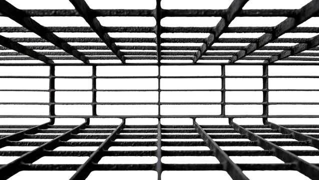 Black metal grate structure perspective, isolated on transparent background