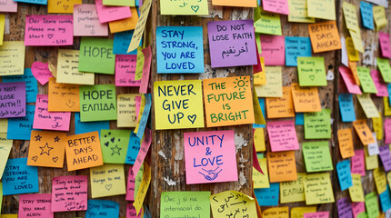 Obraz premium Colorful handwritten motivational notes on vibrant message wall in close-up view