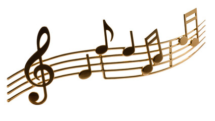 Golden treble clef and musical notes on staff, isolated on transparent background © TONSTOCK