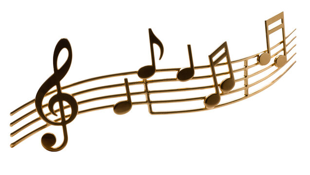 Golden treble clef and musical notes on staff, isolated on transparent background