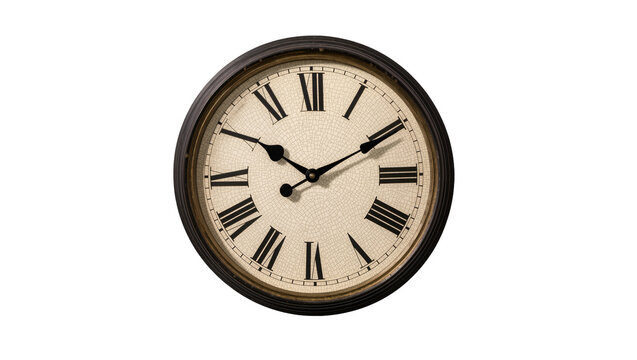 Antique round wall clock with Roman numerals, isolated on transparent background