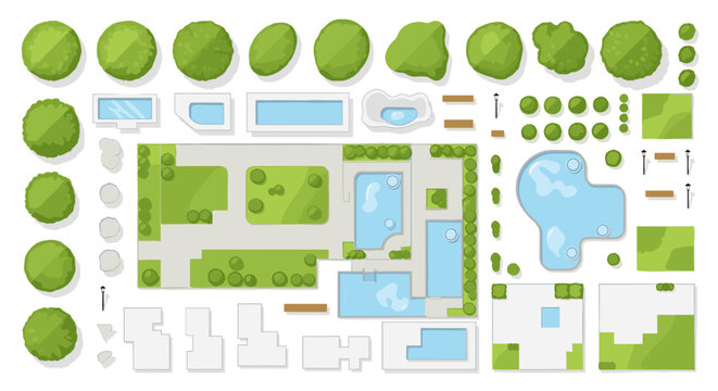 Top down view landscape design elements with trees pools and garden pathways for architectural floor plans.