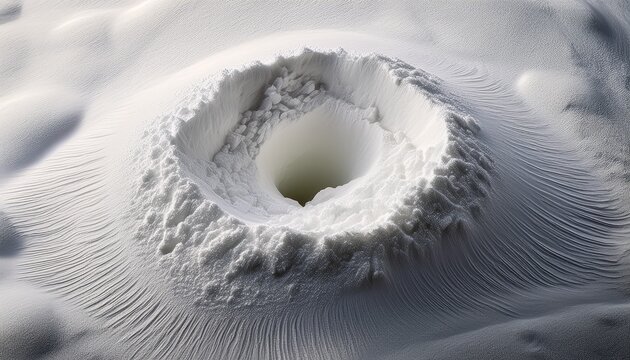 close up view of fine white powder with a central crater like depression and textured ridges creating an abstract and delicate surface