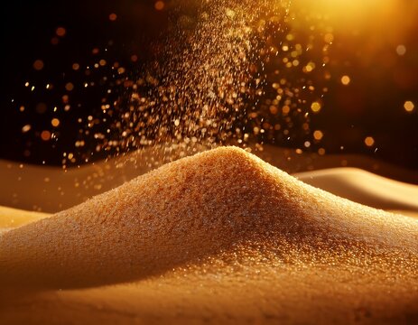 fine golden sand particles falling and accumulating on a textured surface illuminated by warm light creating a serene natural scene