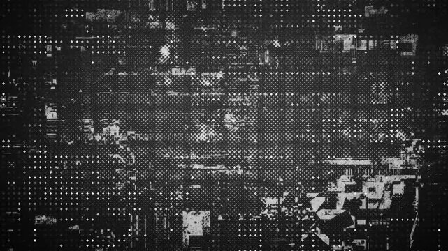 Abstract monochrome grunge digital motherboard matrix texture with white dot grids and technology noise overlay 4k video