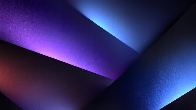 Abstract geometric background with diagonal textured shapes and colorful neon lighting in purple and blue gradients