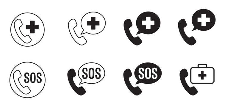 Emergency medical help icon set, 112 and 911 hotline icons for medical support, ambulance service and hospital emergency communication
