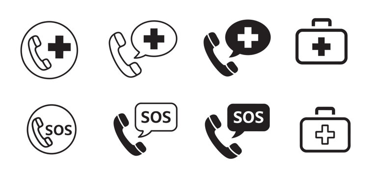 Emergency medical help icon set, 112 and 911 hotline icons for medical support, ambulance service and hospital emergency communication